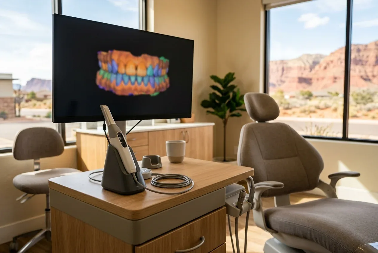 Dental exam room with an intraoral scanner, monitor displaying a 3D tooth scan, and a patient chair.